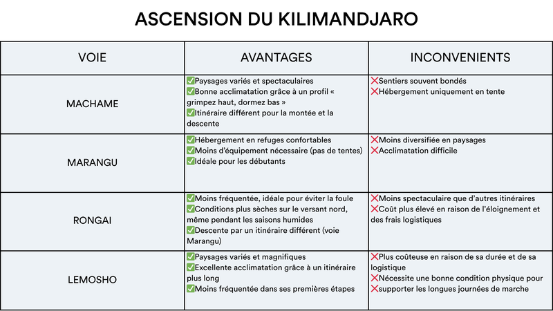 tanzanie ascension kilimandjaro guide tableau voies avantages inconvenients2