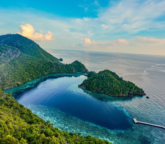 Vue Aérienne de Love Lagoon, un étonnant lagon en forme de coeur à Raja Ampat, Indonésie.