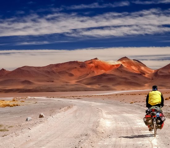 Homme qui fait du vélo devant le spectaculaire paysage de l'Altiplano en Bolivie