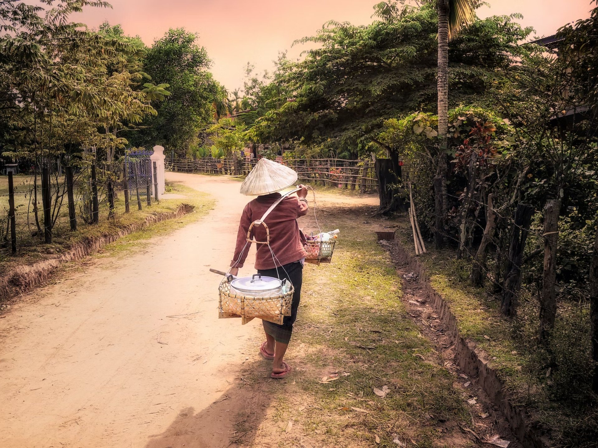 Homme qui transporte la nourriture à Don Daeng, Laos