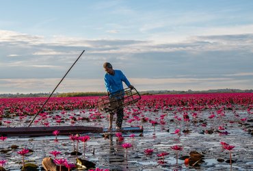 Pecheur sur un lac en Thailande